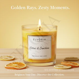 Elvoria Citrus & Sunshine Premium Soy Wax Candle 220ml, for Home Decoration, Burn Time 45-50 Hrs, Luxury Fragrance Candles for Gifting, Aesthetic Glass Jar Aroma Therapy Candle