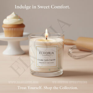 Elvoria Creamy Vanilla Cupcake Premium Soy Wax Candle 220ml, for Home Decoration, Burn Time 45-50 Hrs, Luxury Fragrance Candles for Gifting, Aesthetic Glass Jar Aroma Therapy Candle