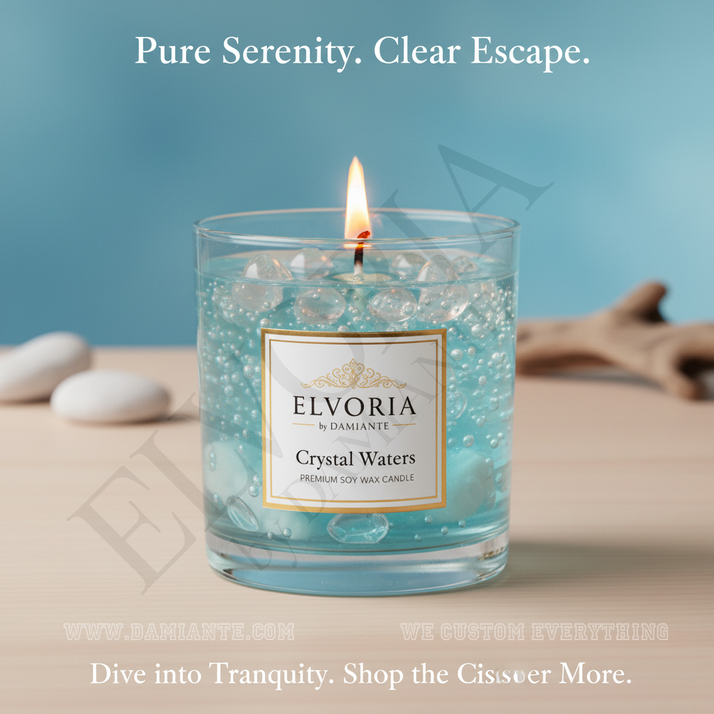 Elvoria Crystal Waters Premium Soy Wax Candle 220ml, for Home Decoration, Burn Time 45-50 Hrs, Luxury Fragrance Candles for Gifting, Aesthetic Glass Jar Aroma Therapy Candle