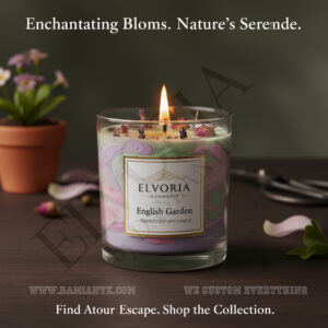 Elvoria English Garden Premium Soy Wax Candle 220ml, for Home Decoration, Burn Time 45-50 Hrs, Luxury Fragrance Candles for Gifting, Aesthetic Glass Jar Aroma Therapy Candle