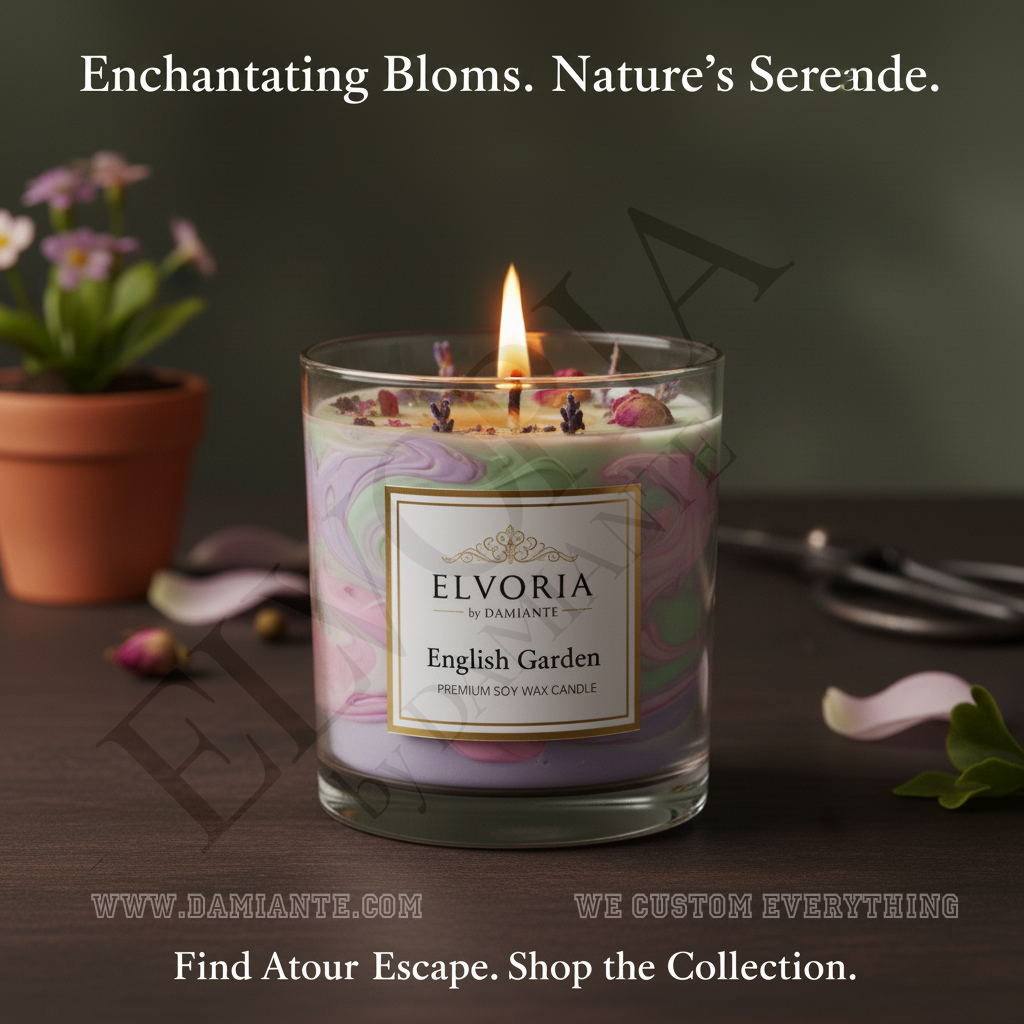 Elvoria English Garden Premium Soy Wax Candle 220ml, for Home Decoration, Burn Time 45-50 Hrs, Luxury Fragrance Candles for Gifting, Aesthetic Glass Jar Aroma Therapy Candle