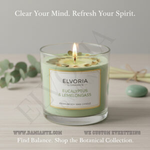 Elvoria Eucalyuptus & Lemongrass Premium Soy Wax Candle 220ml, for Home Decoration, Burn Time 45-50 Hrs, Luxury Fragrance Candles for Gifting, Aesthetic Glass Jar Aroma Therapy Candle