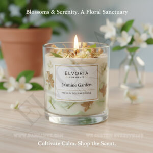 Elvoria Jasmine Garden Premium Soy Wax Candle 220ml, for Home Decoration, Burn Time 45-50 Hrs, Luxury Fragrance Candles for Gifting, Aesthetic Glass Jar Aroma Therapy Candle