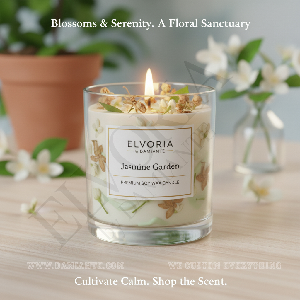 Elvoria Jasmine Garden Premium Soy Wax Candle 220ml, for Home Decoration, Burn Time 45-50 Hrs, Luxury Fragrance Candles for Gifting, Aesthetic Glass Jar Aroma Therapy Candle