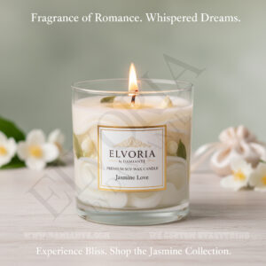 Elvoria Jasmine Love Premium Soy Wax Candle 220ml, for Home Decoration, Burn Time 45-50 Hrs, Luxury Fragrance Candles for Gifting, Aesthetic Glass Jar Aroma Therapy Candle