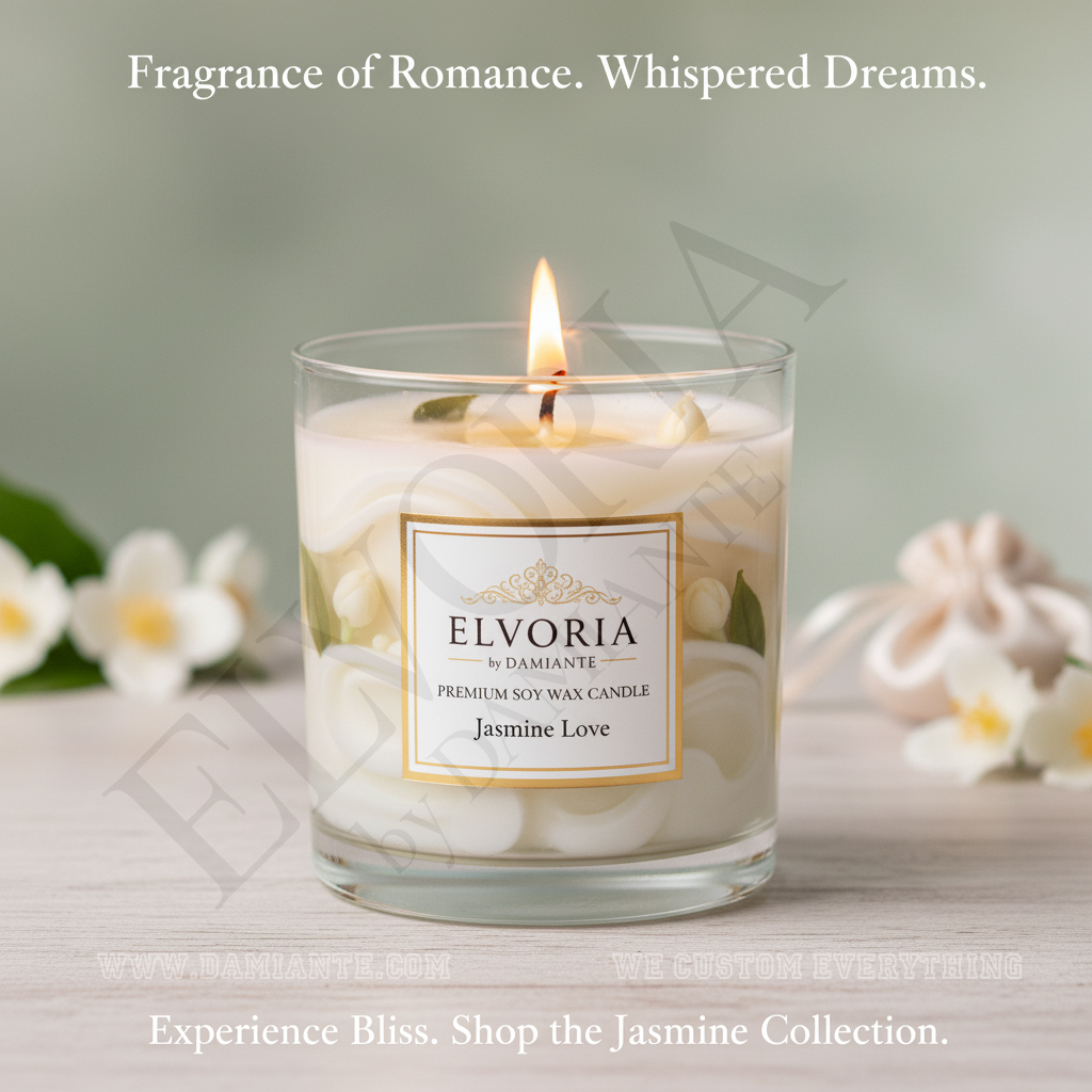 Elvoria Jasmine Love Premium Soy Wax Candle 220ml, for Home Decoration, Burn Time 45-50 Hrs, Luxury Fragrance Candles for Gifting, Aesthetic Glass Jar Aroma Therapy Candle