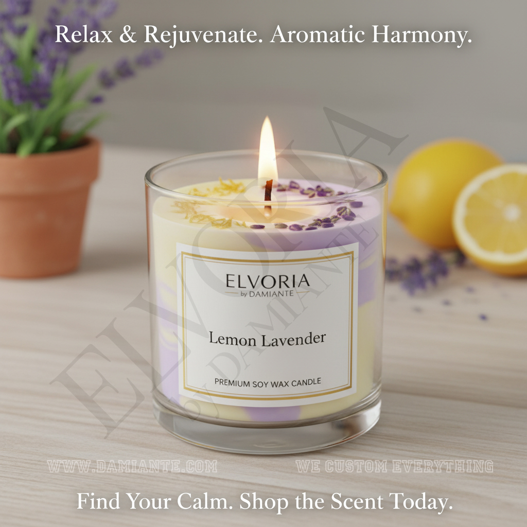 Elvoria Lemon Lavender Premium Soy Wax Candle 220ml, for Home Decoration, Burn Time 45-50 Hrs, Luxury Fragrance Candles for Gifting, Aesthetic Glass Jar Aroma Therapy Candle