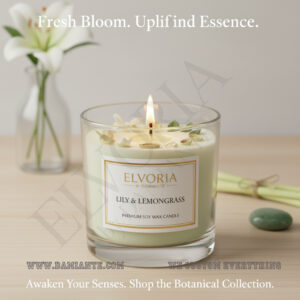 Elvoria Lily & Lemongrass Premium Soy Wax Candle 220ml, for Home Decoration, Burn Time 45-50 Hrs, Luxury Fragrance Candles for Gifting, Aesthetic Glass Jar Aroma Therapy Candle