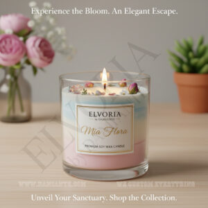 Elvoria Mia Flora Premium Soy Wax Candle 220ml, for Home Decoration, Burn Time 45-50 Hrs, Luxury Fragrance Candles for Gifting, Aesthetic Glass Jar Aroma Therapy Candle