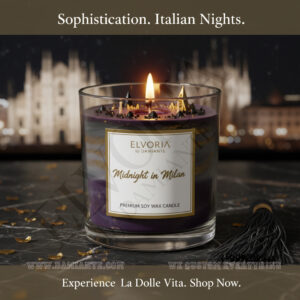 Elvoria Midnight in Milan Premium Soy Wax Candle 220ml, for Home Decoration, Burn Time 45-50 Hrs, Luxury Fragrance Candles for Gifting, Aesthetic Glass Jar Aroma Therapy Candle