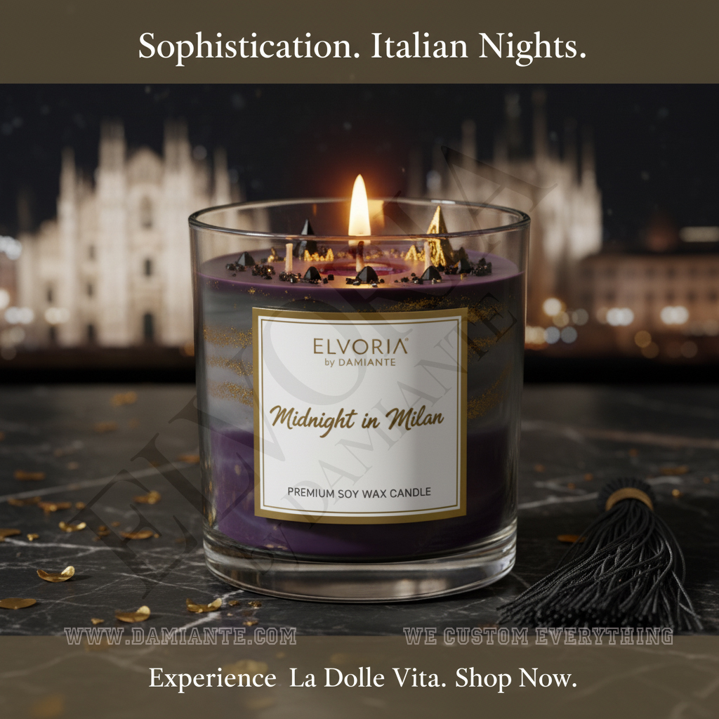 Elvoria Midnight in Milan Premium Soy Wax Candle 220ml, for Home Decoration, Burn Time 45-50 Hrs, Luxury Fragrance Candles for Gifting, Aesthetic Glass Jar Aroma Therapy Candle