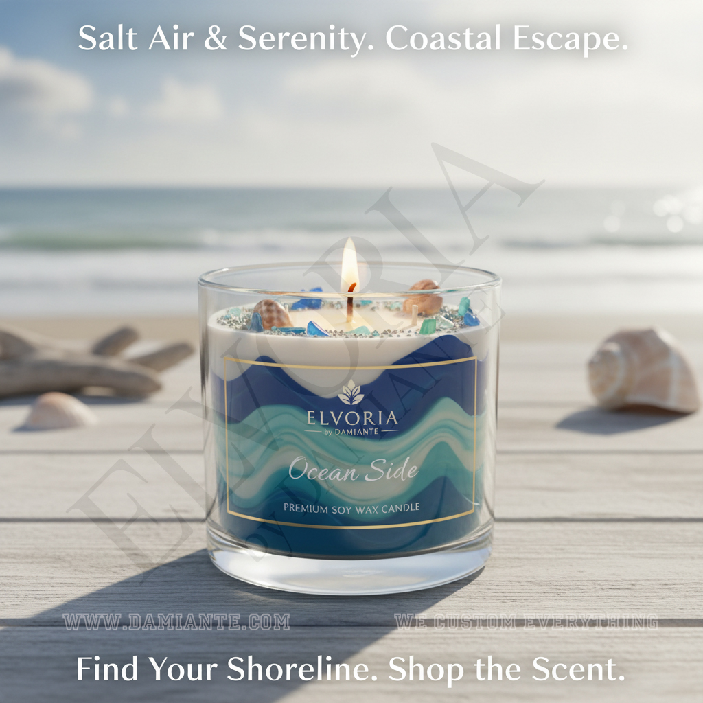 Elvoria Ocean Side Premium Soy Wax Candle 220ml, for Home Decoration, Burn Time 45-50 Hrs, Luxury Fragrance Candles for Gifting, Aesthetic Glass Jar Aroma Therapy Candle