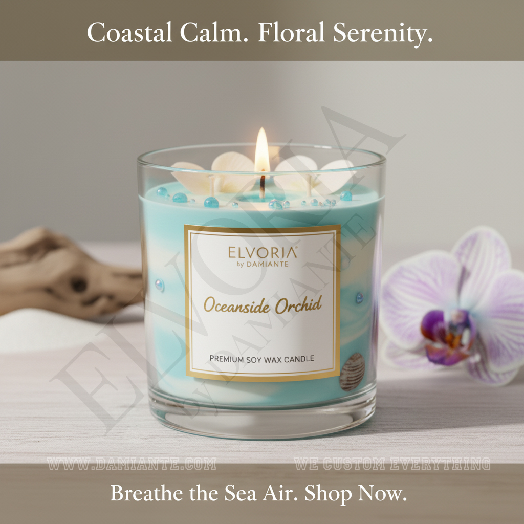 Elvoria Oceanside Orchid Premium Soy Wax Candle 220ml, for Home Decoration, Burn Time 45-50 Hrs, Luxury Fragrance Candles for Gifting, Aesthetic Glass Jar Aroma Therapy Candle