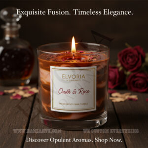 Elvoria Oudh & Rose Premium Soy Wax Candle 220ml, for Home Decoration, Burn Time 45-50 Hrs, Luxury Fragrance Candles for Gifting, Aesthetic Glass Jar Aroma Therapy Candle