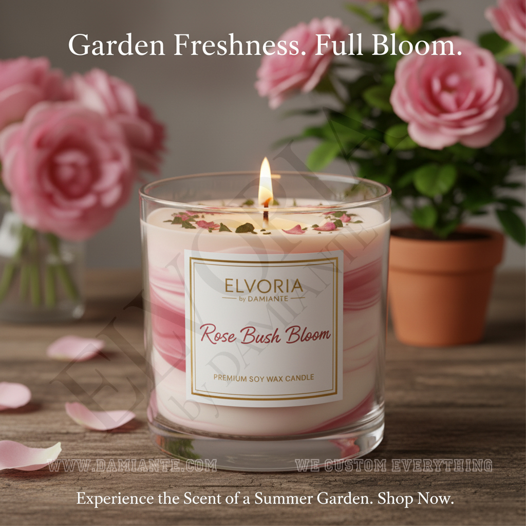 Elvoria Rose Bush Bloom Premium Soy Wax Candle 220ml, for Home Decoration, Burn Time 45-50 Hrs, Luxury Fragrance Candles for Gifting, Aesthetic Glass Jar Aroma Therapy Candle
