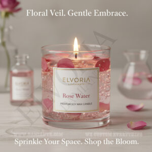 Elvoria Rose Water Premium Soy Wax Candle 220ml, for Home Decoration, Burn Time 45-50 Hrs, Luxury Fragrance Candles for Gifting, Aesthetic Glass Jar Aroma Therapy Candle
