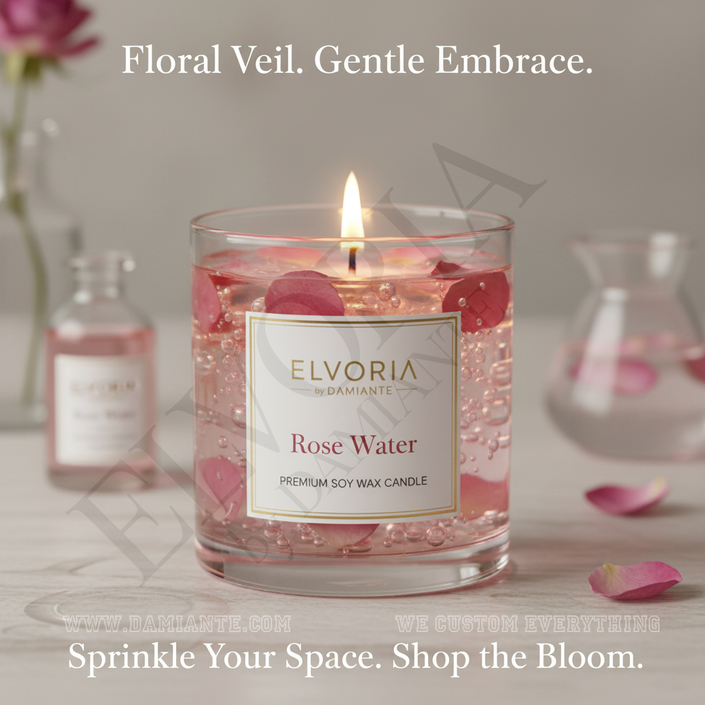 Elvoria Rose Water Premium Soy Wax Candle 220ml, for Home Decoration, Burn Time 45-50 Hrs, Luxury Fragrance Candles for Gifting, Aesthetic Glass Jar Aroma Therapy Candle