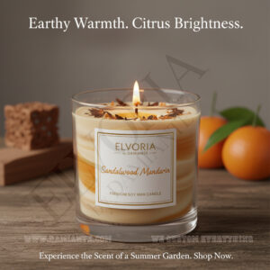 Elvoria Sandalwood Mandrin Premium Soy Wax Candle 220ml, for Home Decoration, Burn Time 45-50 Hrs, Luxury Fragrance Candles for Gifting, Aesthetic Glass Jar Aroma Therapy Candle