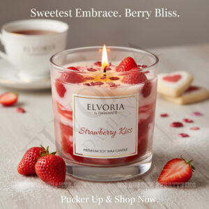 Elvoria Strawberry Kiss Premium Soy Wax Candle 220ml, for Home Decoration, Burn Time 45-50 Hrs, Luxury Fragrance Candles for Gifting, Aesthetic Glass Jar Aroma Therapy Candle
