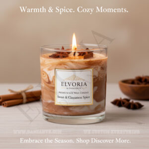 Elvoria Sweet & Cinnamon Spice Premium Soy Wax Candle 220ml , for Home Decoration, Burn Time 45-50 Hrs, Luxury Fragrance Candles for Gifting, Aesthetic Glass Jar Aroma Therapy Candle