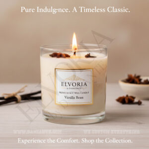 Elvoria Vanilla Bean Premium Soy Wax Candle 220ml, for Home Decoration, Burn Time 45-50 Hrs, Luxury Fragrance Candles for Gifting, Aesthetic Glass Jar Aroma Therapy Candle