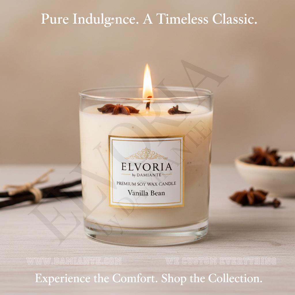 Elvoria Vanilla Bean Premium Soy Wax Candle 220ml, for Home Decoration, Burn Time 45-50 Hrs, Luxury Fragrance Candles for Gifting, Aesthetic Glass Jar Aroma Therapy Candle